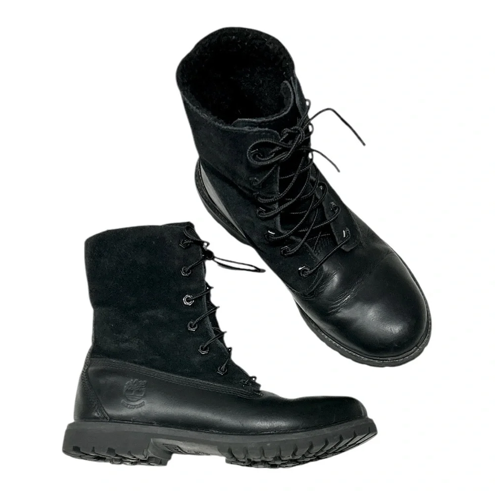 Timberland Black Leather Teddy Fleece Waterproof Fold Down Boots Lace Up Sz 9 - Picture 13 of 16